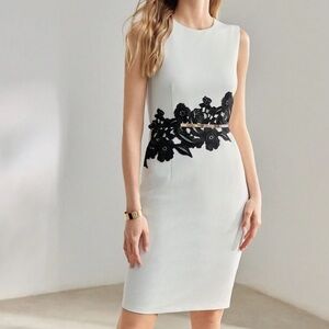MOTF White Dress with Black Lace Accent Waist & Belt | Size: L | 🆕